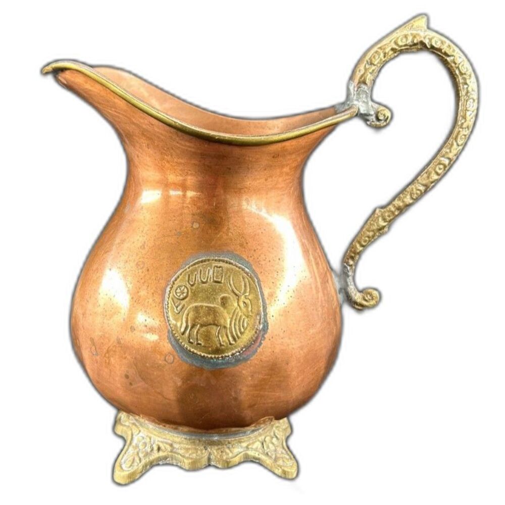 VTG Handmade Copper & Brass Creamer With Gazelle Medallion 4 1/2"H x 5 1/2"W